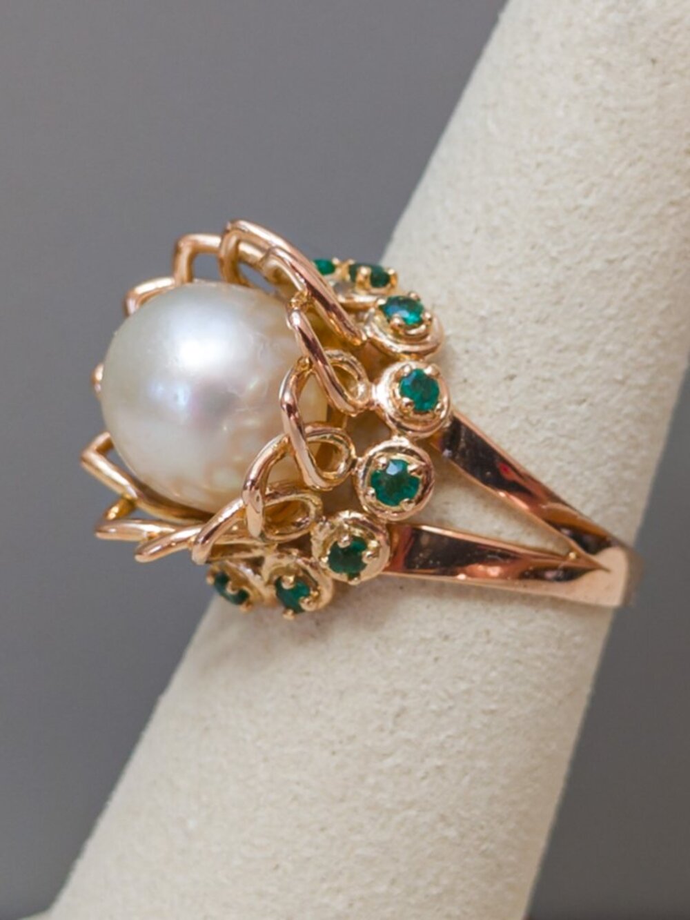 1950s French 18k Pearl & Emerald Blossom Ring – Eagle-Head Hallmarked